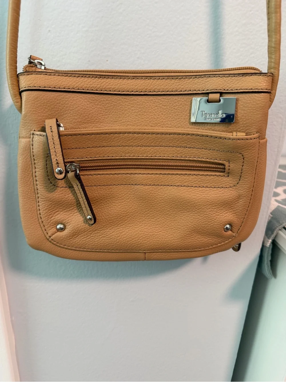 Tignanello Tan Crossbody Bag with Front Zip Pockets
